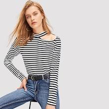 Shein Cut-out Shoulder Striped Tee