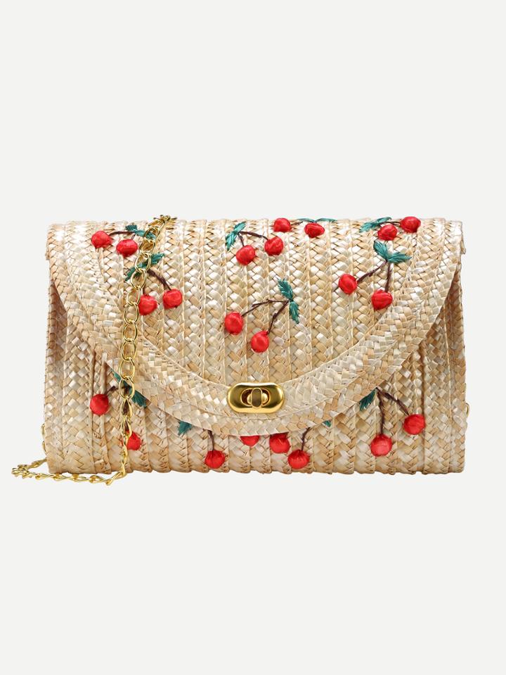 Shein Beige Cherry Applique Straw Chain Bag