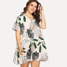 Shein Plus V Neck Palm Print Dress