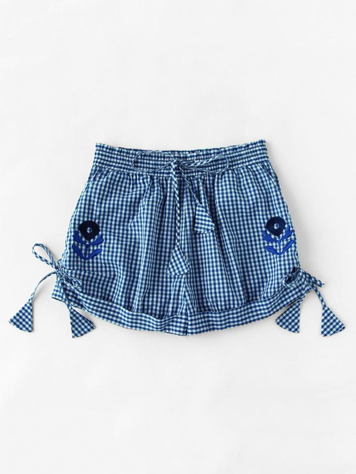 Shein Flower Embroidered Self Tie Cuffed Gingham Shorts