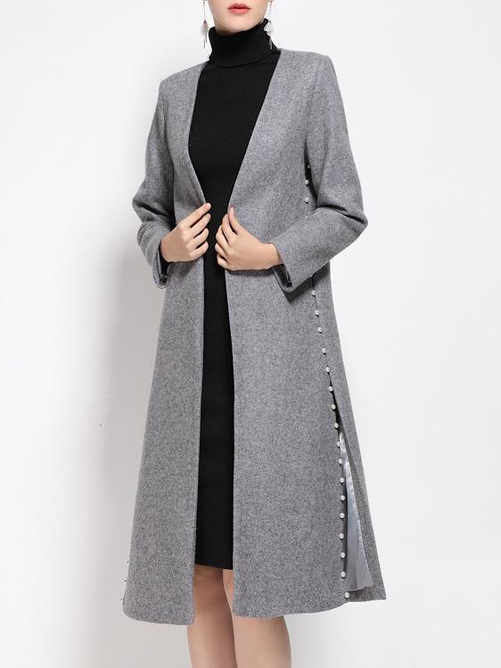 Shein Grey Beading Pockets Long Coat