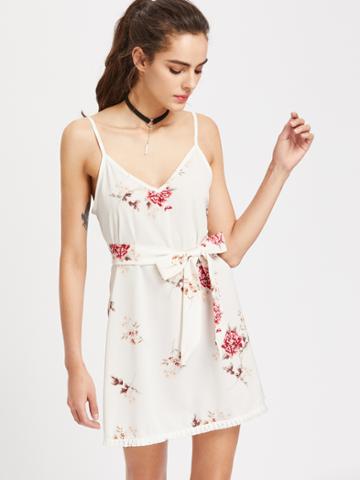 Shein V Neckline Floral Print Chiffon Cami Dress With Belt