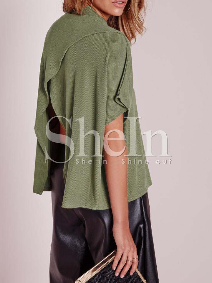 Shein Army Green Crew Neck Wrap Open Back T-shirt