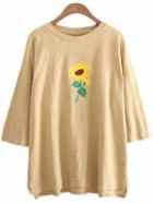 Shein Yellow Dip Hem Sunflower Embroidery T-shirt