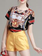 Shein Multicolor Crew Neck Print Top With Shorts
