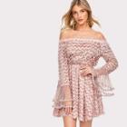 Shein Layered Fringe Embellished Flounce Sleeve Bardot Dress
