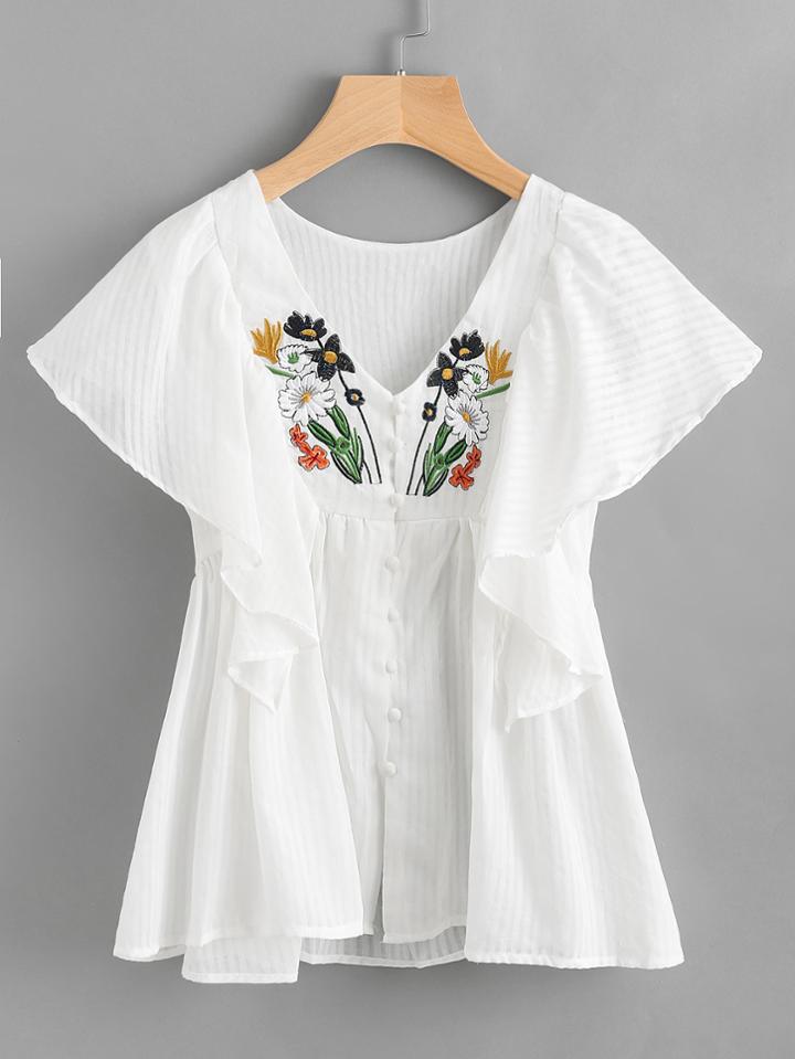 Shein Embroidery Frill Trim Smoke Blouse