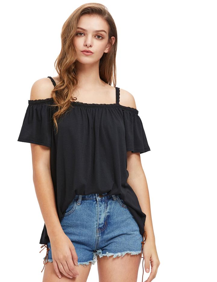 Shein Lace Trimmed Cold Shoulder Top