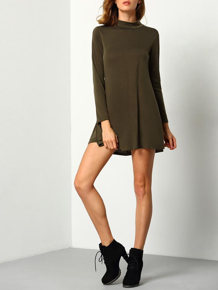 Shein Army Green Mock Neck Shift Tshirt Dress