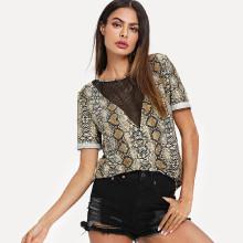Shein Fishnet Insert Cuffed Sleeve Snakeskin Tee
