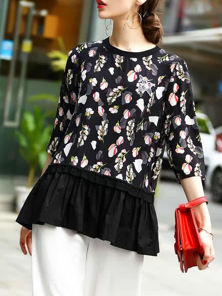 Shein Flowers Print Pleated Blouse