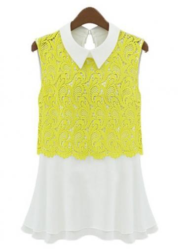 Rosewe Fashion Turndown Collar Sleeveless Skater Dress White And Yellow