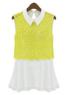 Rosewe Fashion Turndown Collar Sleeveless Skater Dress White And Yellow