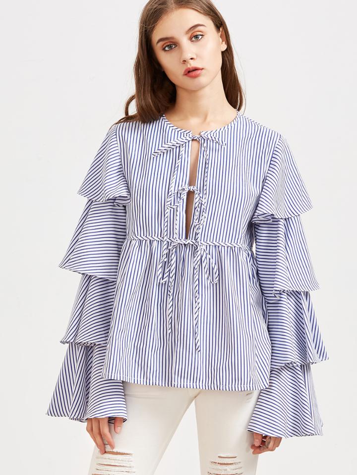 Shein Blue Striped Tie Front Layered Ruffle Sleeve Babydoll Blouse