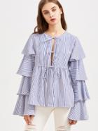 Shein Blue Striped Tie Front Layered Ruffle Sleeve Babydoll Blouse