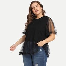 Shein Plus Mesh Trim Bell Sleeve Top