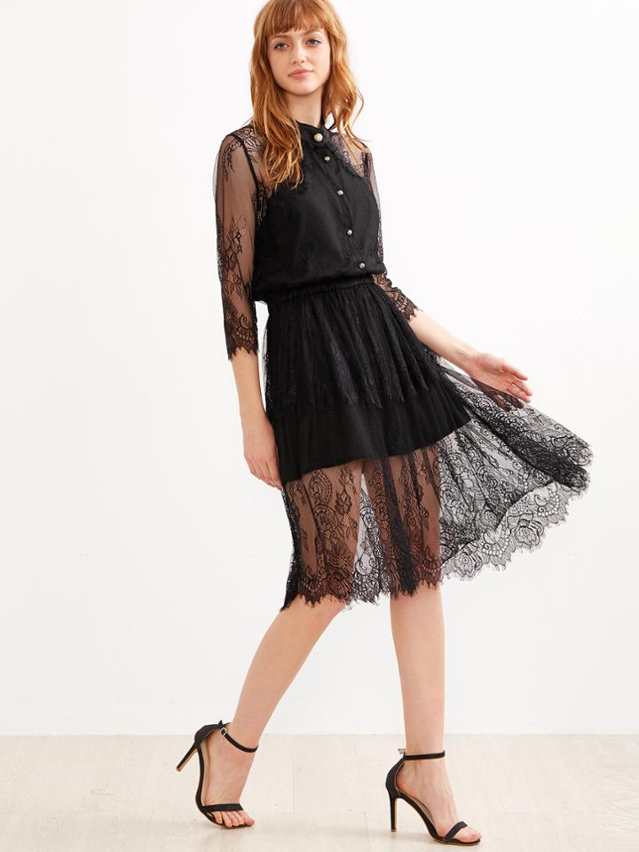 Shein Black Buttons Front See Through Lace Dress