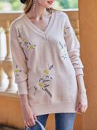 Shein V Neck Flowers Embroidered Sweater