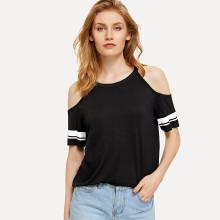 Shein Open Shoulder Striped Tee