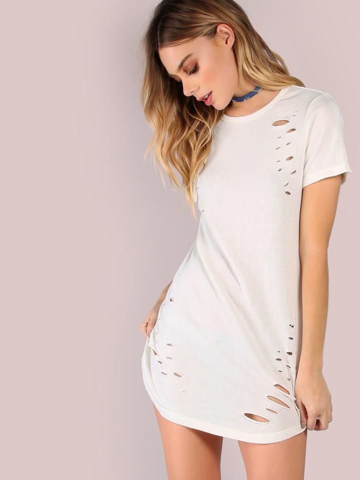 Shein White Curved Hem Ripped Tee Dress