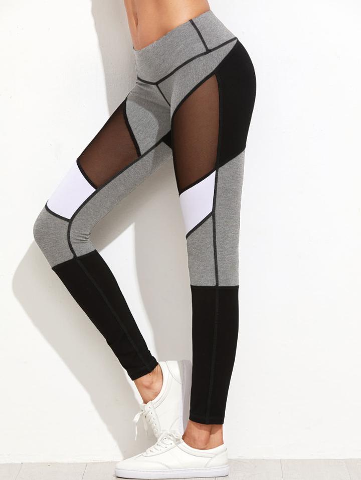 Shein Color Block Mesh Insert Heather Knit Leggings