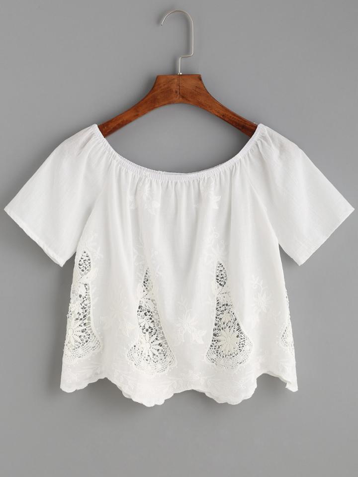 Shein White Crochet Insert Embroidered Top