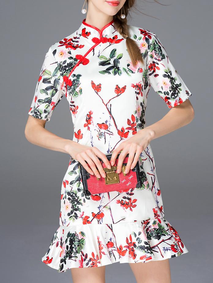 Shein White Collar Floral Frill Dress