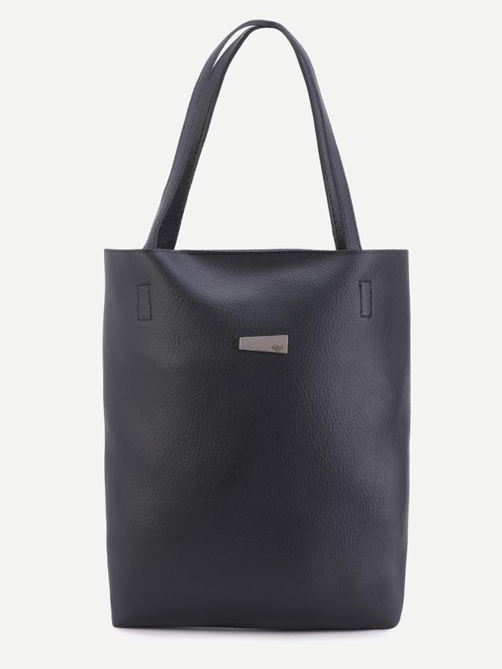 Shein Black Metal Patch Pu Tote Bag