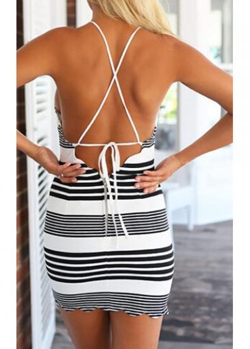 Rosewe Stripe Print Open Back Sleeveless Dress