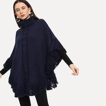 Shein High Neck Fringe Trim Poncho Sweater
