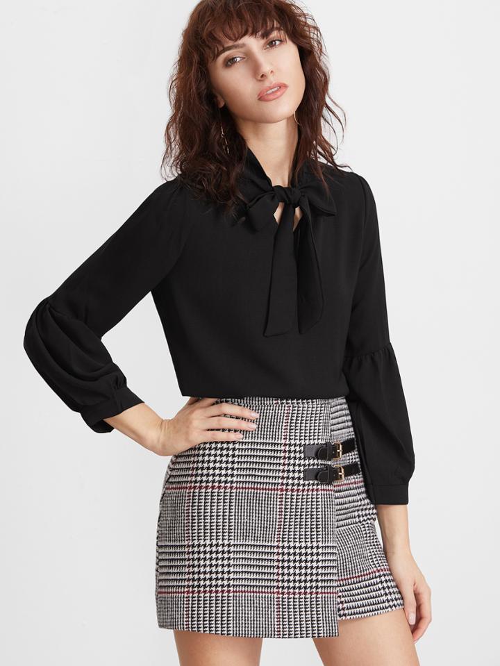Shein Black Bow Tie Lantern Sleeve Blouse