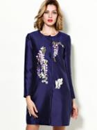 Shein Navy Round Neck Long Sleeve Embroidered Pockets Coat