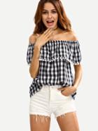 Shein Pom-pom Ruffled Off-the-shoulder Black Checkerboard Top