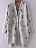 Shein Grey Soldier Pattern Side Slit Dip Hem Button Up Cardigan