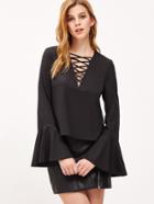 Shein Black Lattice V Neck Bell Sleeve Top