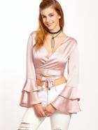 Shein Pink Tiered Bell Sleeve Tie Front Wrap Top