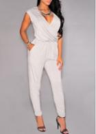 Rosewe Wrap Front Cap Sleeve Grey Jumpsuit