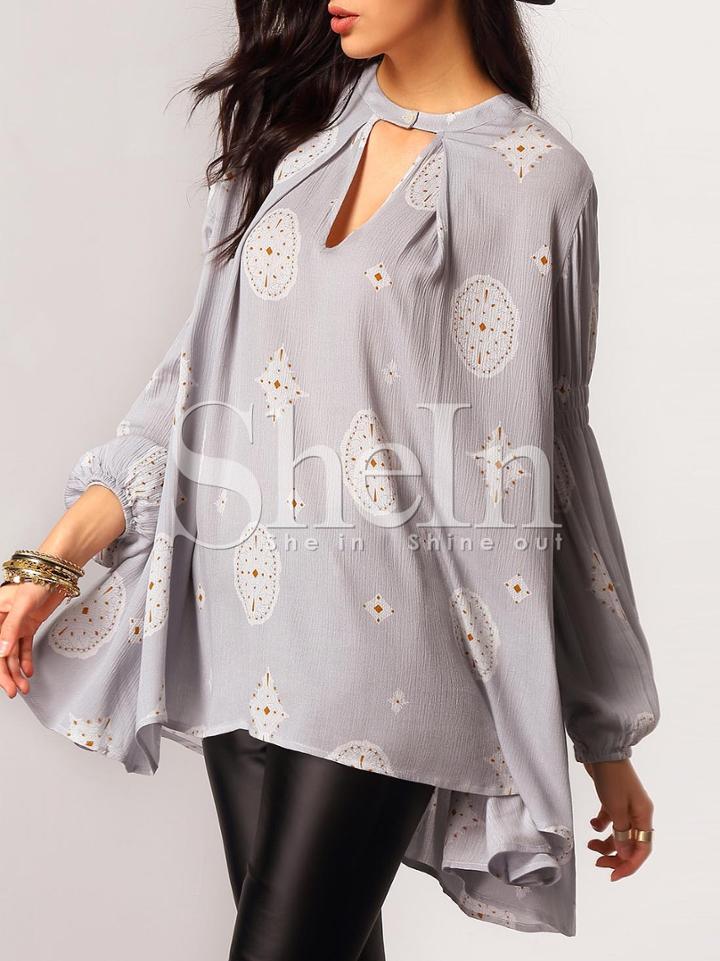 Shein Blue Folk Print High Low Blouse