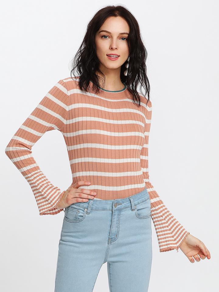 Shein Fluted Sleeve Striped Ribbed Sweater