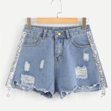 Shein Ripped Frayed Hem Denim Sequin Shorts
