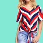Shein Knot Front Flutter Sleeve Striped Top