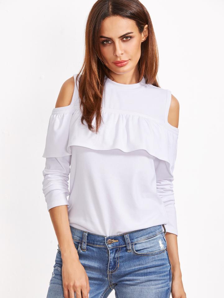 Shein White Open Shoulder Ruffle T-shirt