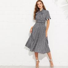 Shein Flower Applique Cuff Tied Neck Plaid Dress