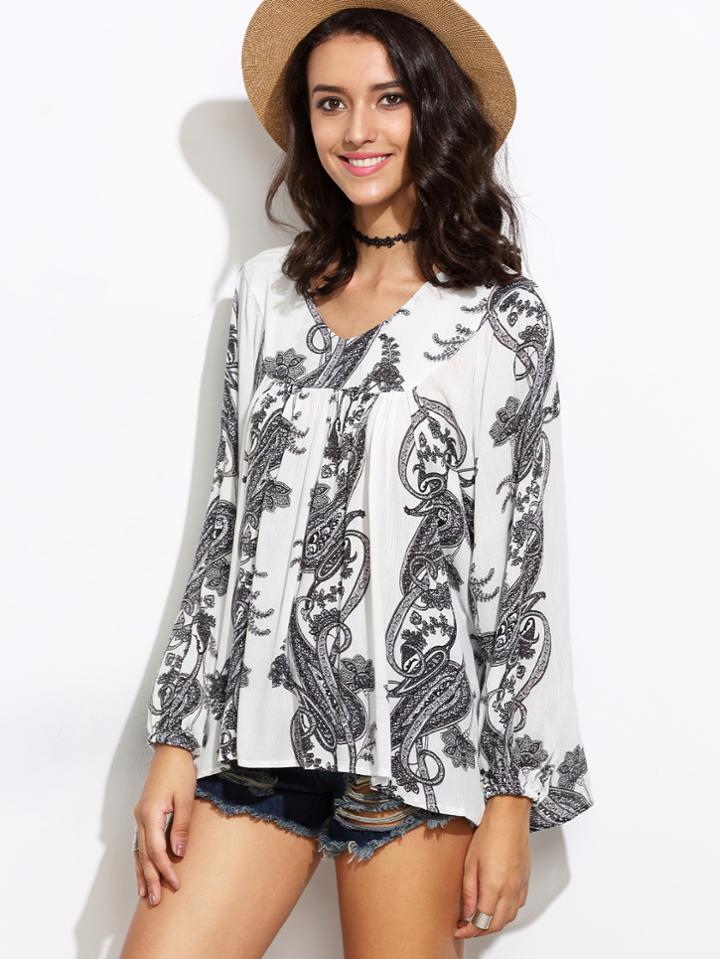 Shein White Florals V Neck Shift Blouse