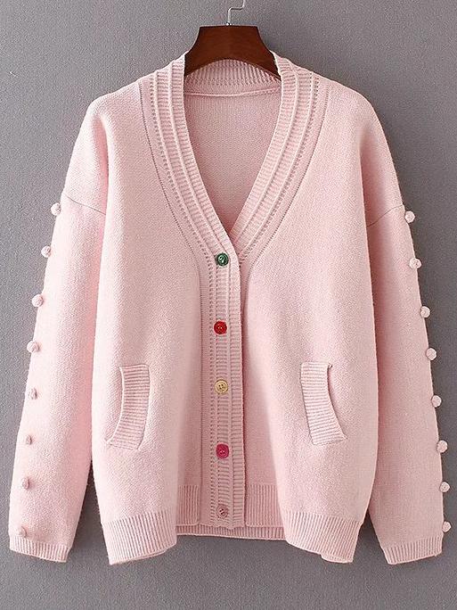 Shein Pink Single Breasted Pom Pom Cardigan