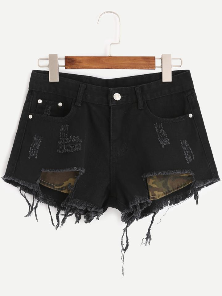 Shein Black Asymmetric Cut Raw Hem Denim Shorts