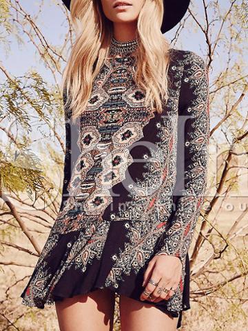 Shein Multicolor Long Sleeve Designs Vintage Retro Print Dress
