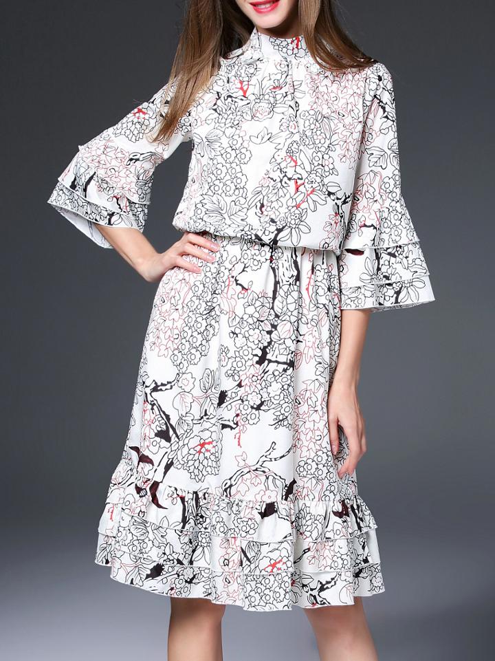 Shein White Bell Sleeve Print Layered Dress