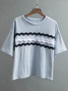 Shein Blue Appliqued Front Drop Shoulder T-shirt