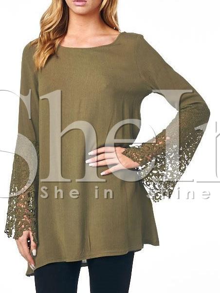 Shein Army Green Bell Sleeve Lace Cuff T-shirt